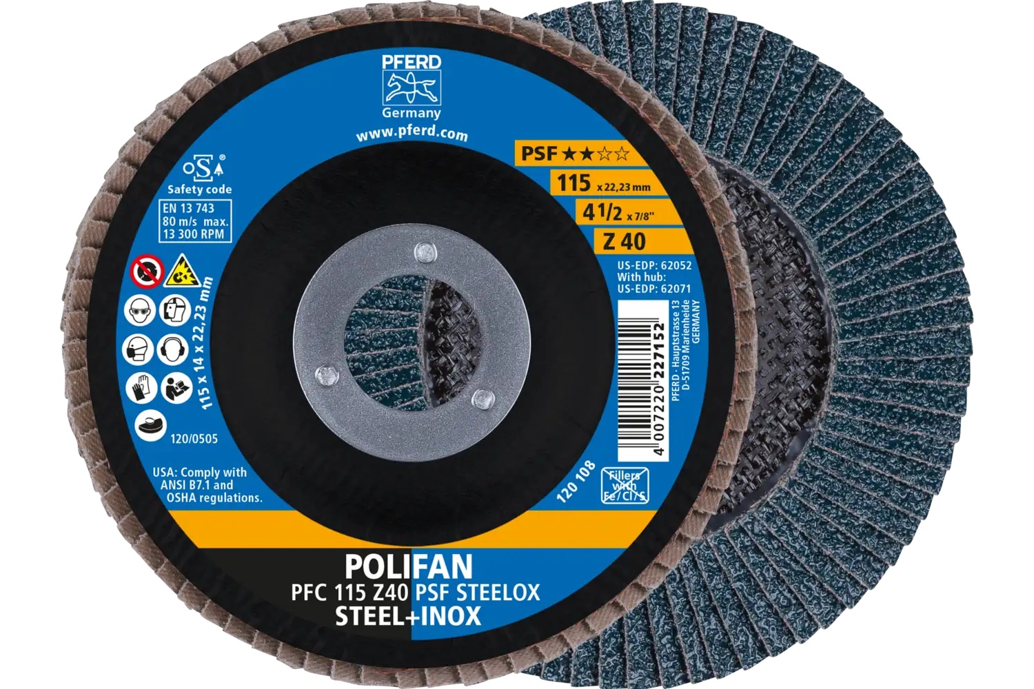 Picture of Pferd Flap Disc, 4-1/2" x 7/8, Z PSF Steelox, 40 Grit, T29, Conical, Zirconia